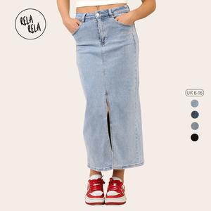 RELA RELA Women's Viral Stretchy Split Front Mid Rise Denim Maxi Skirt UK 6-16