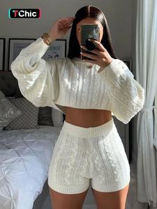 Women's 2 Pcs Sweater Set, Crew Neck Cable Knit Long Sleeve Knitted Crop Top & High Waist Shorts Set, Autumn/Winter Casual Fashion Cozy Chic Soft 2 Piece Sweater Set, Women Fall Outfit, Winter Loungewear Set, Cute Winter Knit Set, Fall Clothes for Women