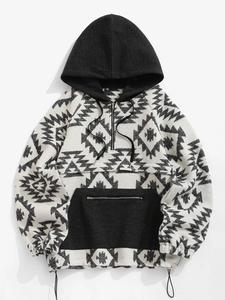 Women's Tribal Print Drawstring Pocket Zipper Hoodie, Casual Comfort Raglan Long Sleeve Hooded Sweatshirt Pullover Top for Fall & Winter, Culture Hoodie, Lady's Tracksuit Clothes for Daily Wear, Womenswear