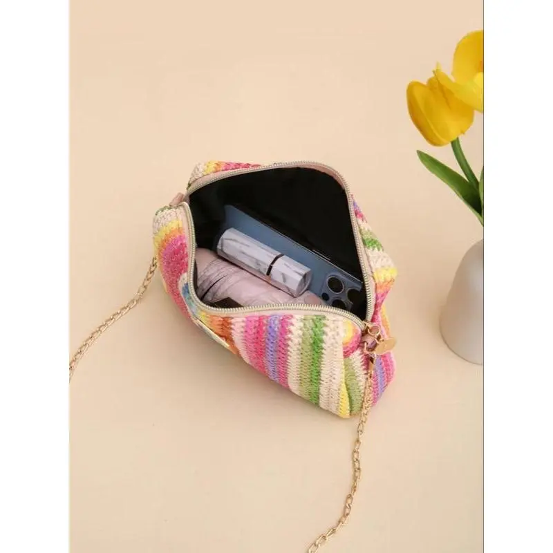 Summer 2024 Colorful Straw Woven Crossbody Bag, Casual Trendy Shoulder Bag, Boho Style Chain Bags for Women, Fashion All-match Square Bag for Beach Vacation 5