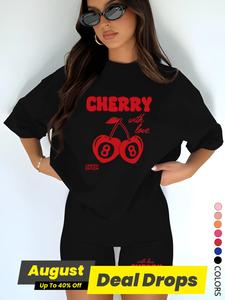 Two-piece Set Women's Cherry Print Short Sleeve T-shirt & Skinny Shorts, Casual Fashion Loose Round Neck Tee & Shorts for Daily Outdoor Wear, Suits, Womenswear, Cute Two Piece Sets, Outfit Sets Women, Casual Matching Set, Matching Outfits, Clothes