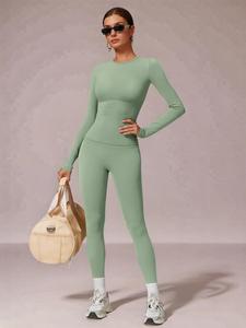 Women's Solid Long Sleeve Skinny Tee & High Waist Leggings Tracksuit Set, Sporty Breathable Quick Drying Outfits for Yoga Gym Workout Running, Ladies Sportswear for All Seasons, Active Sportswear, Sports Activewear Set buttery  soft