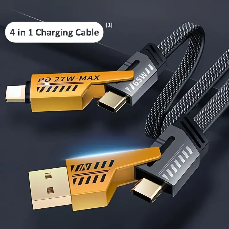 4-in-1 Fast Charging Cable, 150cm Dual Type-C & USB Lighting Connectors, Fabric Flat Cable, Matte Surface, USB Male to Male, Compatible with for iPhone,, USB Type C Charger Tablet Charge Cable 0