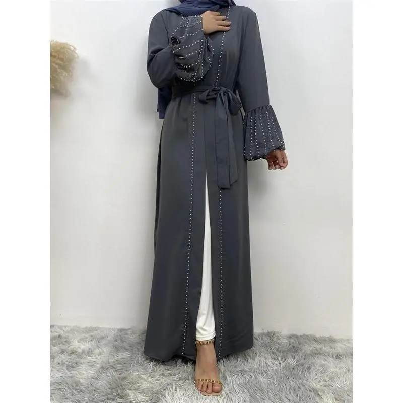 Women's Faux Pearls Decor Tie Front Abaya Without Hijab, Modest Long Sleeve Maxi Abaya, Summer Outfits 2024, Muslim Clothes For Women 2