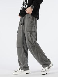 Men's Solid Color  Drawstring Waist Cargo Pants, Loose Casual Slant Pocket & Flap Pocket Design Straight Leg Trousers for Spring & Fall, Fashion Men's Bottoms for Daily Wear