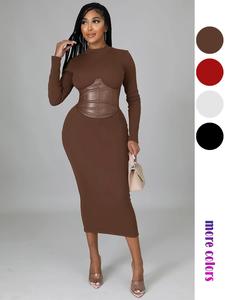 Women's Corset Zipper Back Bodycon Dress, Casual Long Sleeve Stand Collar Dress for Daily Wear, Women's Clothing for Fall & Winter