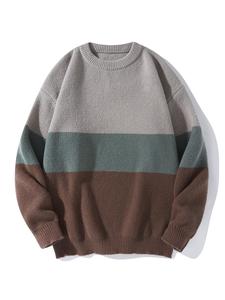 Unisex Men's Loose Colorblock Striped Print Drop Shoulder Crew Neck Sweater, Casual Long Sleeve Round Neck Jumper Tops for Fall & Winter, Menswear
