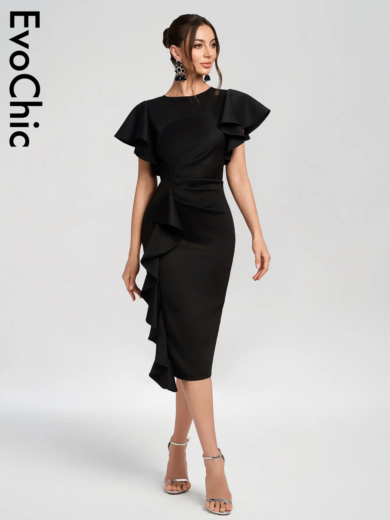 EvoChic Women's Vintage Church Dress - Ruffle Sleeve, Ruched, Bodycon, Work Casual Dress - Fit