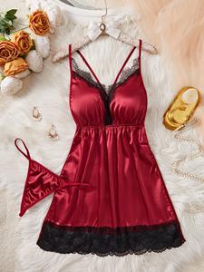 【Plus Size】 Contrast Lace Criss Cross Cami Nightdress & Thong Satin Sleepwear Two-piece Set, Solid Backless Cami Nightdress & Panty, Women's Sleepwear for All Seasons