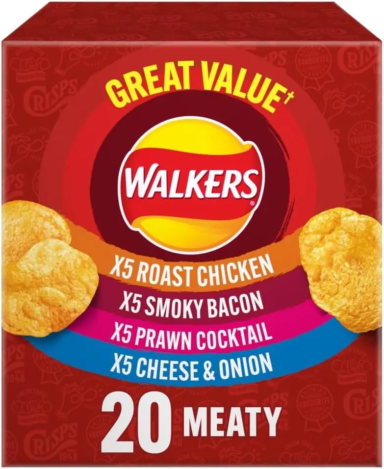 Walkers Meaty Variety Multipack Crisps, 20 x 25g, Red Box dubai  chocolate  pads Snack Crunchy