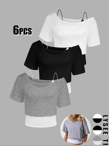 Women's Solid Color Asymmetrical Neck Tee & Cami Top, Casual Basic Short Sleeve T-shirt & Cami Top for Summer, Ladies Clothes for Daily Wear, Shortsleeve Womenswear