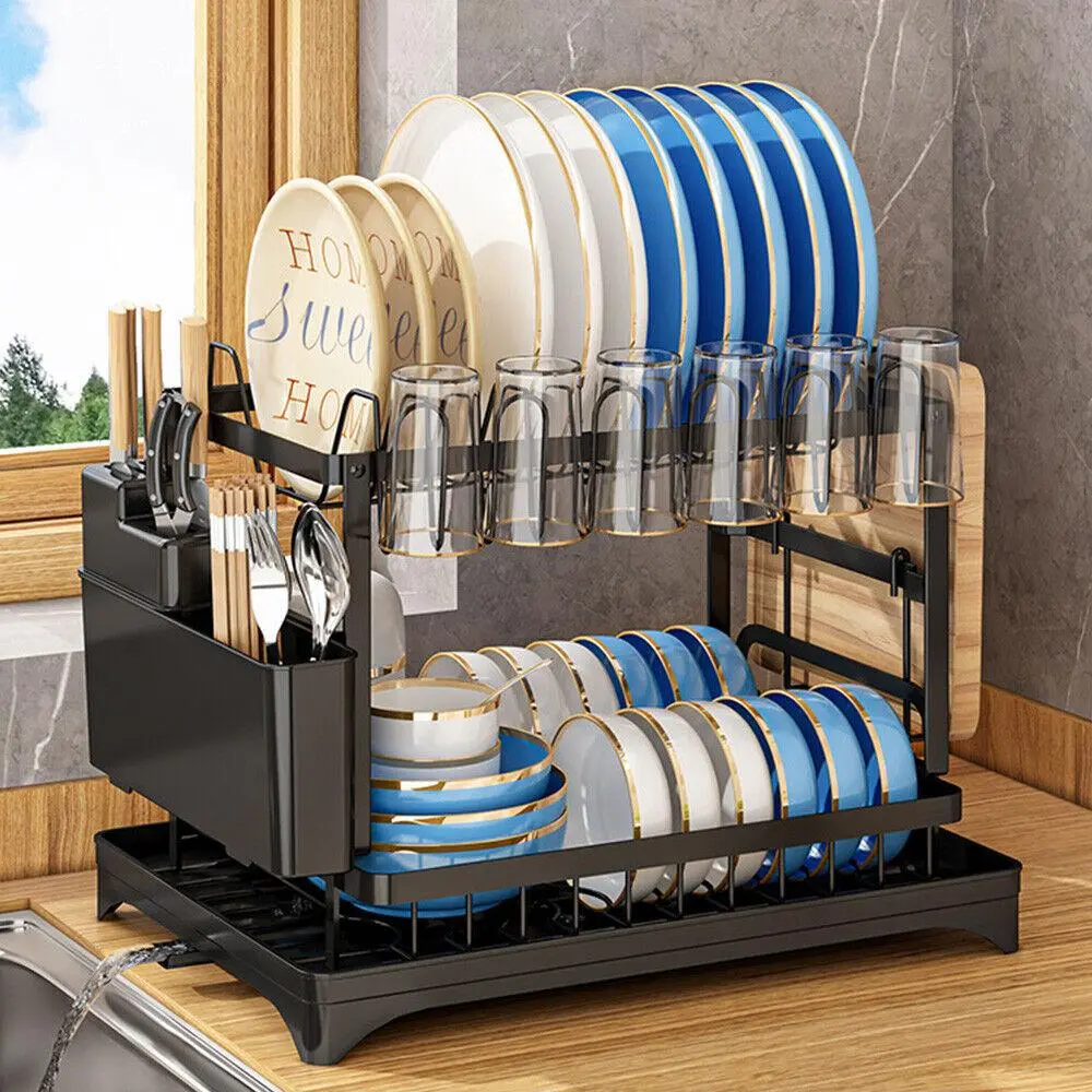 2-Tier Dish Drainer Rack - Space-Saving with Swivel Spout & Drip Tray | Holds Plates, Cups & Utensils | Black Metal Organiser