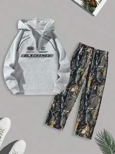 Men's Letter Print Half Zip Hoodie & Branch Print Pants Set, Casual Loose Long Sleeve Hooded Top & Trousers for Spring & Fall, Men's Outfits for Daily Wear