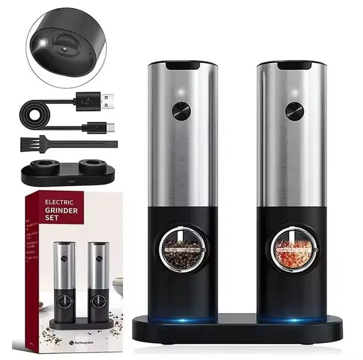 Electric Automatic Salt and Pepper Grinder Set USB Rechargeable/Battery Powered Adjustable Coarseness Spice Mill with LED Light