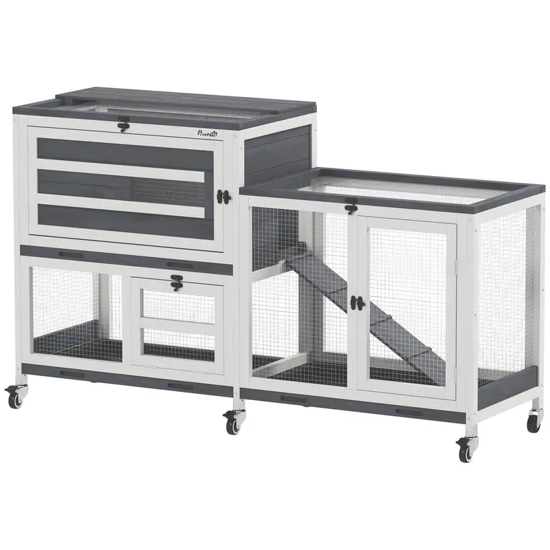 Wooden Rabbit Hutch with Run 2 Tier Guinea Pig Cage on Wheels 3 Trays 2 Openable Tops by PawHut 0