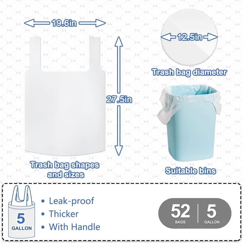 Bin Bags 20Liter with Tie Handles,Heavy Duty Bin Liners White and Transparent Trash/Garbage Bags 52 Count Rubbish Bags Pack 1