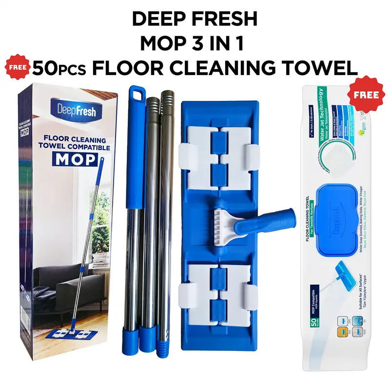 Deep Fresh Mop + *FREE 50 pcs Disposable Wet Floor Wipes – All-Purpose Cleaning Bundle for Laminate, Wooden, Tile, Vinyl, Ceramic & Marble Floors – Quick, Easy & Streak-Free Cleaning. Lightweight, Stainless, Shiny with bucket removable & washable 0