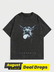 Men's Regular Fit Dog & Letter Print Round Neck Tee, Street Fashion Casual Short Sleeve T-Shirt for Daily Wear, Menswear for Summer, Top, Cotton