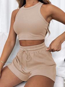 Women's Waffle Knit Crop Tank and Shorts Set, Sporty Fitted Summer for Women, Stylish and Comfortable Two-Piece Athletic Set, Athleisure Wear