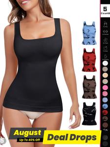 Women's Solid Color Square Neck Shapewear Tank Top, Tummy Control Seamless Shaper Vest, Women's Shapewear for All Seasons