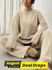 Women's Solid Drop Shoulder Split Hem Sweater & Elastic Waist Straight Leg Pants Two-piece Set, Casual Fashion Cozy Knitwear Set for Daily Outdoor Wear, Women Knitwear for Fall & Winter