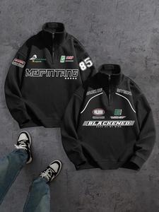 Men's Letter Print Zip Up Sweatshirt, Casual Loose Long Sleeve Half Zip Pullover for Fall & Winter, Men's Clothes for Daily Wear