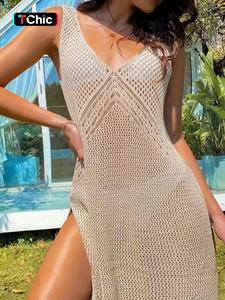 Women's Plain Hollow Out Split Thigh Tie Back Sheer Tank Dress, Summer Clothes Women, Casual V Neck Sleeveless Cover Up Dress for Summer, Ladies Clothes for Beach Holiday, Dresses Summer for Lady, Crochet Cover Ups, Swimsuit Coverup