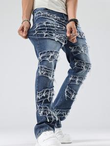 Men's Washed Raw Edge Design Button Fly Flare Leg Jeans, Tight-Fitting Street Fashion Casual Comfy Multi-Pocket Denim Pants for Daily Wear, Mens Bottoms for All Seasons