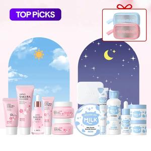 Sakura & Milk Skincare Set, 1 Set Day & Night Skincare Kit, Including Facial Cleanser, Eye Cream, Serum, Moisturizer, Sun Care Cream, Scrub, Makeup Bag, Skincare, Rejuvenating Sets Toiletries Kit Cosmetic, Skincare