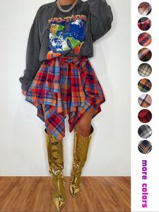 Women's Fashion Plaid Print Asymmetrical Hem High Waisted Skirt, Summer Clothes Women Casual Elastic Waist Tiered Layer Knee Length Skirt For Summer Going Out Streetwear