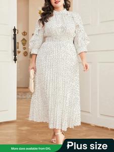 【Plus Size】 Polka Dot Print A Line Dress, Elegant Bishop Sleeve Dress for Spring & Fall, Women's Clothes for Daily Wear, Womenswear