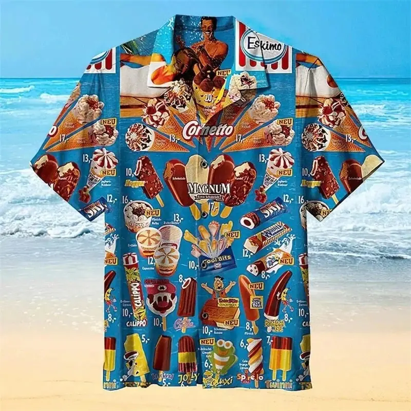2025 Trendy Cool Fashion Ice Cream Shirts Beach Party 3d Print Hawaiian Shirt unisex Short Sleeve Oversized Blouse Lapel Shirts