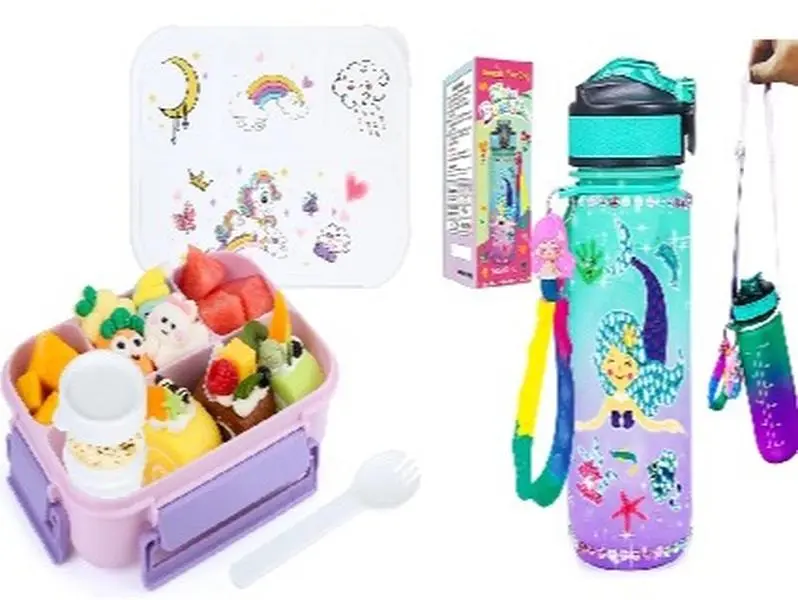 KIDS LUNCH BOX & WATER BOTTLE: Lunch Box, 1400ml Leakproof Bento Box | DIY Water Bottle,New Upgrade Drinks Bottle Gem Diamond Painting Crafts Kit Suit 4-10 Age Tableware 0