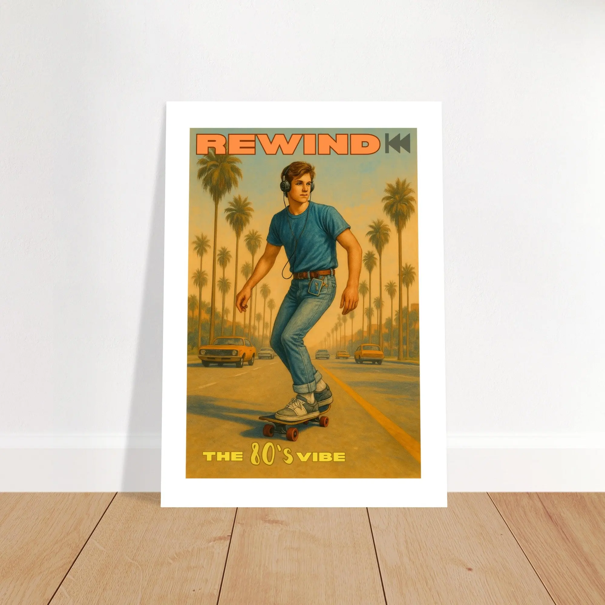 Retro 80's Vibe Poster – Skateboarder with Walkman | Vintage Wall Art