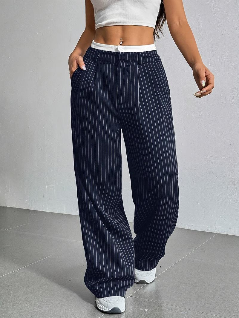 Product Introduction of Women's High-Waist Striped Wide-Leg Blazer Pants - Navy Blue & White Vertical Stripes, Polyester, Casual Style, Machine Washable, Spring/Summer/Fall Wear, Versatile Legwear | Wideleg Design | Glossy Texture, Wide Leg Pants 26