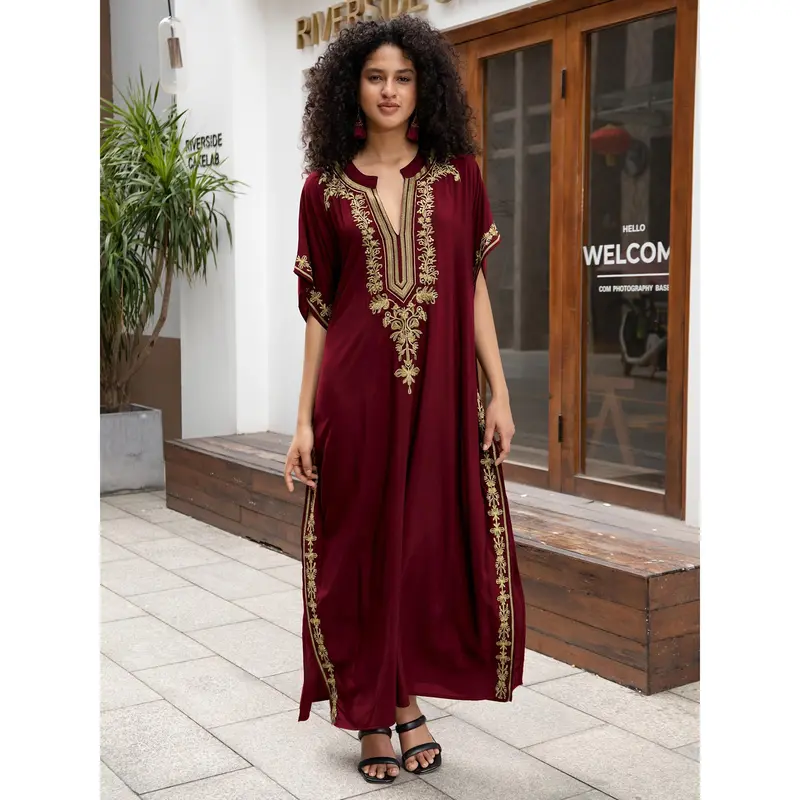 Ramadan Plus Size Boho Kaftan Dress, Women's Plus Golden Embroidered Bat Sleeve Notched Neck Maxi Cover Up Dress 3