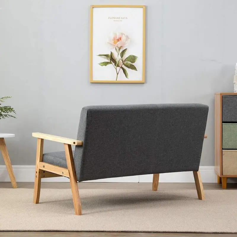 Grey Sofa for Living Room Wood Furniture, 2 Seater Sofa Compact Loveseat Couch Lounge, Linen Fabric Sofa Upholstered Seat 2