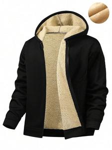 Men's Solid Zip Up Hooded Jacket, Loose Casual Long Sleeve Thermal Lined Outerwear for Fall & Winter, Men's Clothes for Daily Wear