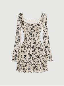 Women's Floral Print Flounce Sleeve Fitted Dress, Fashion Boho Casual Elegant Square Neck A Line Backless Long Sleeve Dress for Party Holiday Wedding Guest, Womenswear, Feminine