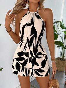 Women's Leaf Print Tie Backless Halter Romper, Boho Style Sleeveless Romper for Beach Holiday Vacation, Ladies Clothes for All Seasons, Summer Womenswear