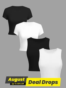 Women's Plain Crewneck Tanktop & Short Sleeve Tee, Casual Basic Round Neck Shortsleeve Tee & Sleeveless Top for Daily Wear, Ladies Clothes for All Seasons, Summer Clothes Women, Womenswear, Ribbed Tank Tops
