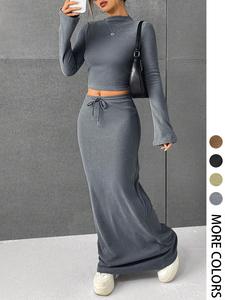 Women's Solid Flounce Sleeve Crop Tee & Skirt Two-piece Set for Daily Outdoor Wear, Women's Clothing for Spring & Fall