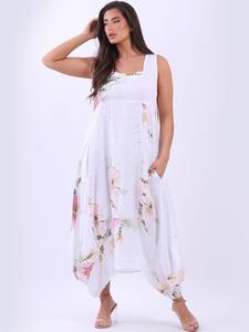 Find Fashion Made In Italy Sleeveless Floral Print Linen Lagenlook Balloon Sundress
