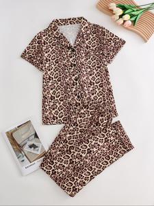 Two-piece Set Women's All Over Print Button Front Pajama, Pyjamas for Women, Casual Comfy Short Sleeve Collared Top & Long Pants Set, Ladies Sleepwear for All Seasons, Pyjamas for Women