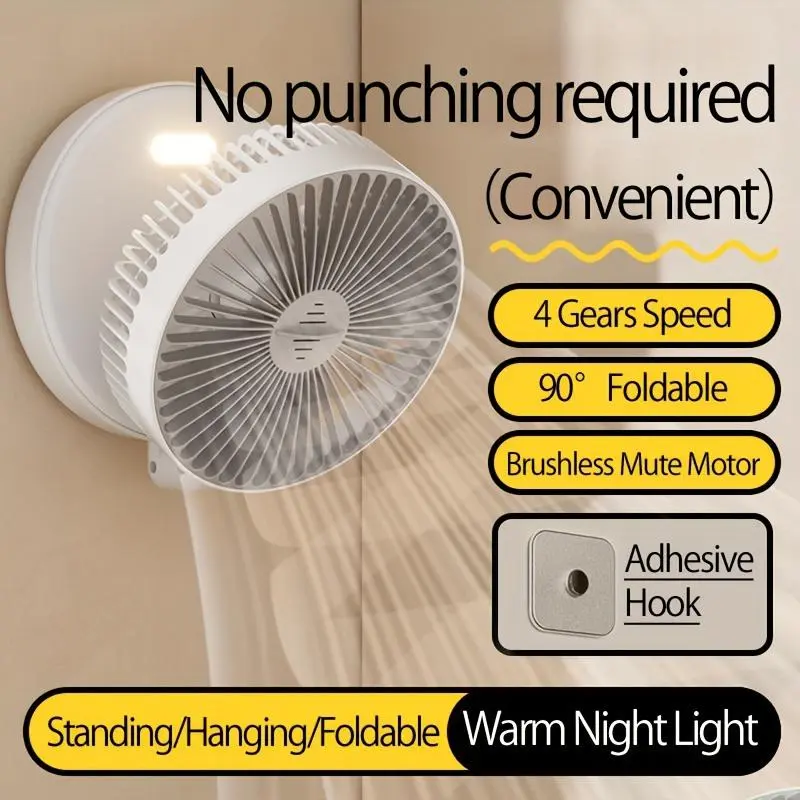 1pc 3-in-1 Rechargeable Circulation Fan - Versatile & Compact, Foldable Desktop/Wall Mount Fan with 4 Adjustable Speeds, Quiet Brushless Motor, Warm Night Light Feature, Includes Traceless Hook - Ideal for Office, Home, Outdoor Use, Portable Fan 3