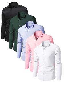Men's Solid Fitted Long Sleeve Button Front Shirt, Business Formal Shirt for Work Office, Menswear for All Seasons