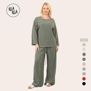 RELA RELA Brushed Rib Texture Long Sleeve Shirt & Elastic Waist Pants Set Lounge Co-Ord UK 6-16 Casual Clothing Comfort Womenswear Chic Elegance Style