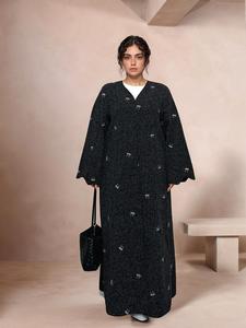 Women's Bow Embroidery Scallop Trim Long Sleeve Open Front Abaya, Modest Casual Comfy Abaya Dress for Daily Outdoor Wear, Ladies Islamic Clothing for All Seasons, Modest Clothes