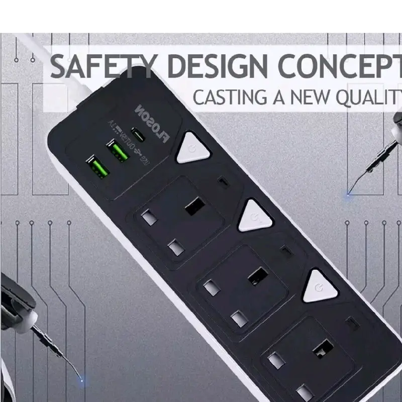 5M Extension Lead with 2 USB Cable Electric Plug Socket UK Mains 3 Gang Way UK 5