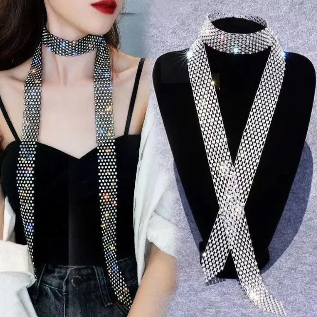 Fashion women's accessories personalized rhinestone mesh long scarf hipster street stacking diamond scarf women 1